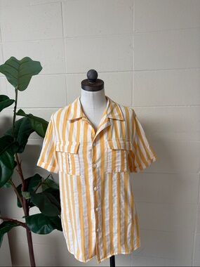 Yellow and White Vertical Stripe Button-Up Shirt